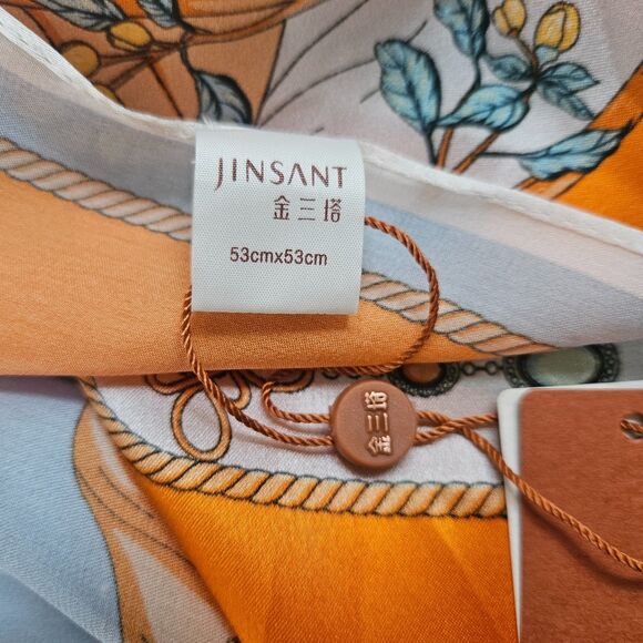 Jinsant Silk Scarf Print Square 21" x 21" Orange Blue White NWT - Picture 4 of 5